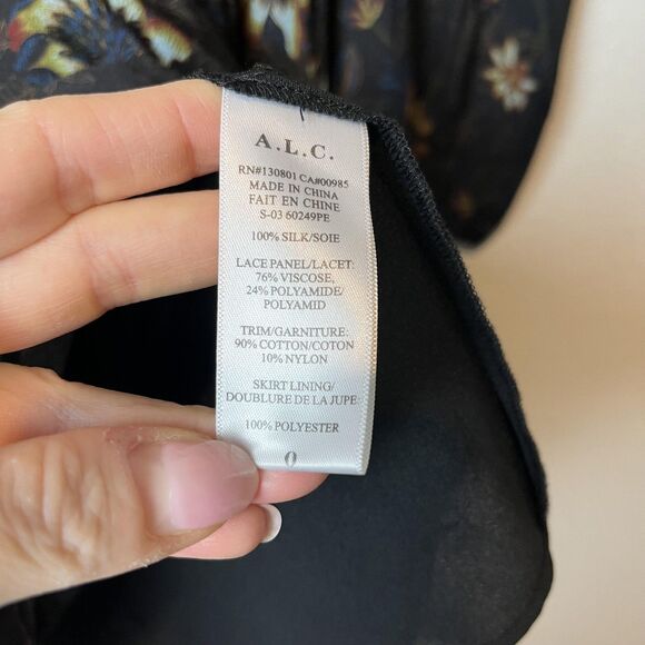 A.L.C. Dress Womens 0 Black Floral Silk Lace Panel Long Sleeve Handkerchief Hem - Picture 3 of 7